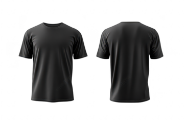 A plain black t-shirt displayed from both the front and back views. its simple design and fabric texture. suitable for fashion catalogs or online clothing stores