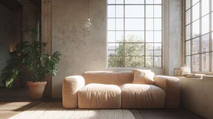 Fototapeta premium Modern living room with a large window on the right side. the window has a white frame and is covered with a beige fabric.
