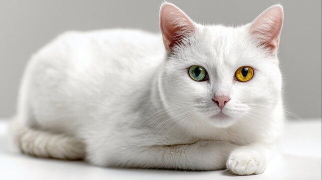 A beautiful white cat with different colored eyes is resting and looking at the camera