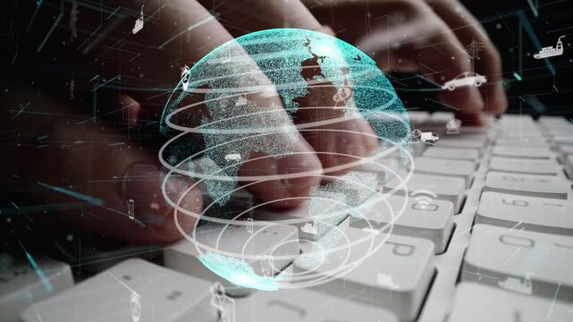 Close-up image of hands typing on a keyboard with a digital globe overlay and various network icons, symbolizing global connectivity and technological progress. Xenic