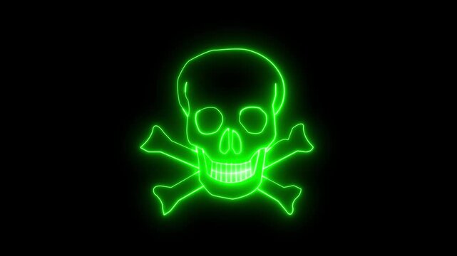 Glowing Neon Skull Animation with Flickering Green Light on Dark Background &ndash; Horror Warning Toxic Symbol. Drawn pirate sign in red lines, background.