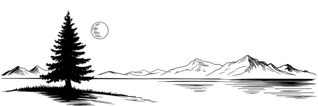 a calm lake beside a tall pine tree, with distant mountains and a rising sun creating a peaceful scene.