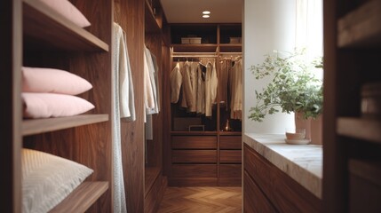 Modern and luxurious walk-in closet with wooden shelves and drawers. the closet has a wooden floor and walls, and there is a large window on the right side of the image that lets in natural light.