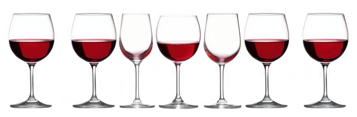 A beautifully arranged collection of wine glasses filled with rich red wine. varying levels of fullness against a clean white background. ideal for culinary or beverage-related projects