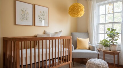Modern nursery room with a wooden crib in the center. the crib is made of wood and has a white mattress and several pillows on it. above the crib, there are three framed pictures hanging on the wall.