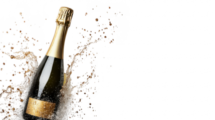 A bottle of champagne is splashing against a white background. capturing the excitement of celebration and joy. perfect for festive occasions and marketing events