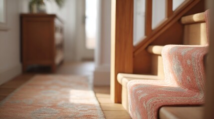 Close-up of a wooden staircase with a red and white striped runner on the right side. the runner is made of a soft fabric with a geometric pattern in shades of orange, red, and white.