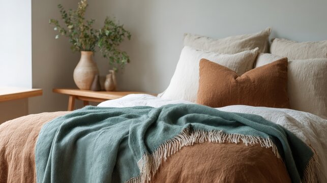Bedroom with a bed in the center. the bed has a beige comforter and several throw pillows in different colors - beige, brown, and turquoise.
