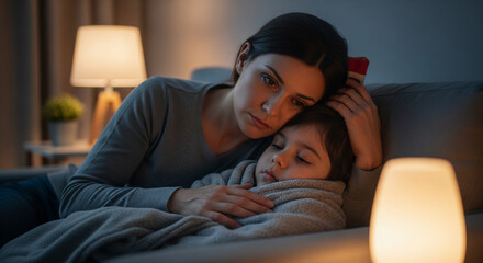 Comfort and Concern: A tender moment unfolds as a mother offers solace to her child, creating an atmosphere of comfort and concern against the backdrop of a softly lit home.