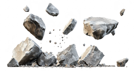 A dynamic explosion of rocks breaking apart in mid-air. the power of nature. with a clean white background emphasizing the motion and energy of the scene