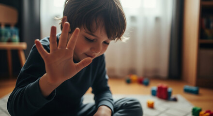 Counting and Learning: A young boy engrossed in learning, counting with his fingers. Embracing curiosity and the joy of discovery in an intimate home setting. 