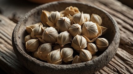 Fototapeta premium Dried Lotus Seed Pods in Wooden Bowl