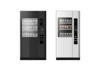 Two modern vending machines. one black and one white. a variety of drinks. placed against a clean. minimalist background. ideal for commercial use in retail or office environments