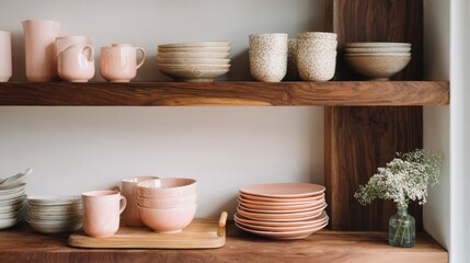 Wooden shelf with various decorative items on it. on the left side of the shelf, there are two wooden shelves with different types of ceramic dishes and bowls arranged neatly on them.