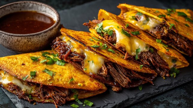 Authentic Mexican birria tacos with melted cheese and shredded beef, garnished with fresh cilantro, served alongside rich consomm&eacute; for dipping, captured with cinematic lighting and vibrant colors.