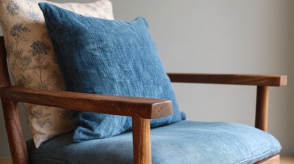 Close-up of a wooden armchair with a blue cushion on it. the armrests of the chair are made of light-colored wood and have a curved design.