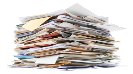Obraz premium A chaotic stack of assorted papers. documents. and envelopes piled high. an office environment filled with disorganized paperwork and clutter. ideal for illustrating administrative challenges