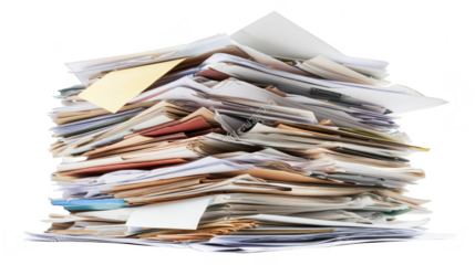 A chaotic stack of assorted papers. documents. and envelopes piled high. an office environment filled with disorganized paperwork and clutter. ideal for illustrating administrative challenges
