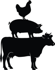 Farm Animals Stacked Hierarchy, Silhouette Vector Illustration of a Chicken Standing on a Pig, which is Balanced Atop a Large Dairy Cow, Domestic Livestock Food Chain Concept