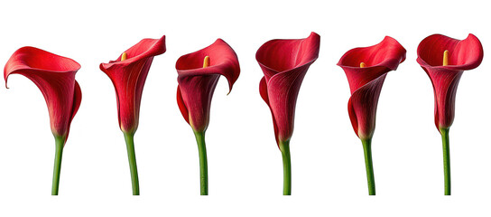 A stunning arrangement of six red calla lilies their elegant curves and textures against a pure white background. ideal for floral design inspiration or botanical art © kageyama