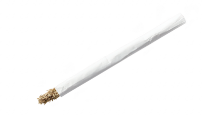 A close-up view of a rolled paper cigarette filled with brown tobacco. resting on a clean white surface. indicating a moment of leisure or smoking culture