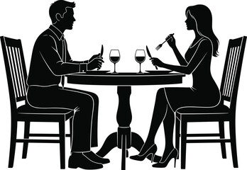 Romantic couple enjoying fine dining, intimate dinner date, elegant man and woman silhouette illustration, restaurant setting with wine glasses, vector graphic content.