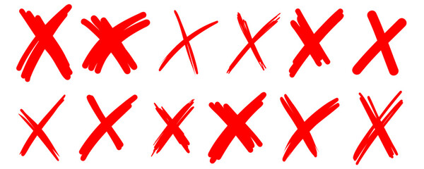 Brush stroke X cross mark. Hand drawn brush cross, ban, refusal. Marker sketch. Highlighting text and important objects. Stock vector illustration isolated on white background.