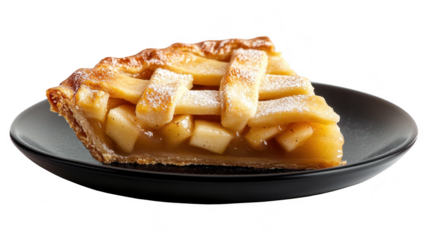 A delicious slice of homemade apple pie on a sleek black plate. perfectly baked crust and juicy apple filling. ideal for dessert menus or culinary blogs