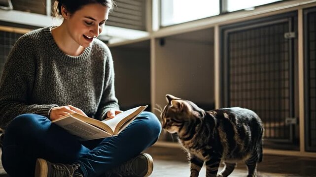 Volunteer gently reads to shy cat on shelter floor, building trust and companionship.