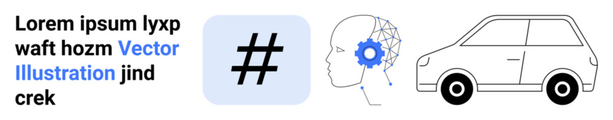 Brain with gear representing AI, metadata tag icon in communication context, car outline for mobility, and text element. Ideal for AI, technology, communication, mobility, design innovation simple