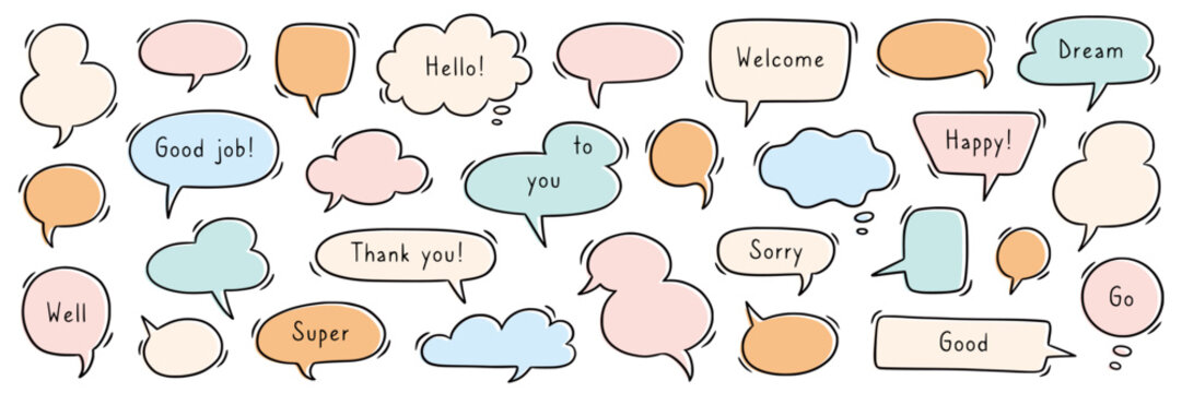 Speech bubble hand drawn set. Hand drawn comic doodle style think dialog balloon, thought cloud speech bubble element with talk message. Cartoons speak of conversation elements. Vector illustration