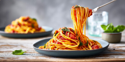 Spaghetti with Tomato Sauce and Fresh Basil Served on Wooden Table