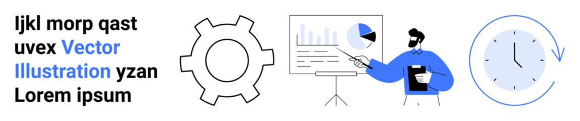 Gear icon, presenter explaining data on a board with charts, and clock icon. Ideal for teamwork, presentation, productivity, planning, analysis, workflow simple landing page