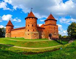 A majestic medieval fortress with cylindrical towers, red tiled roofs, and surrounding moat, under a bright blue, cloud-filled sky