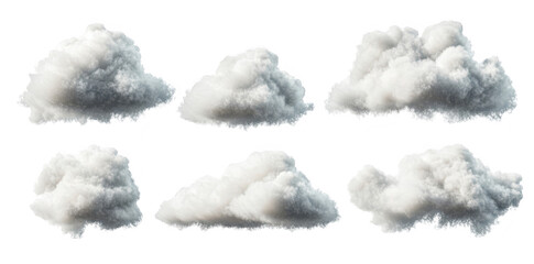 A collection of realistic. fluffy white clouds arranged in various shapes. set against a clean white background. suitable for use in digital designs. presentations. or artistic projects