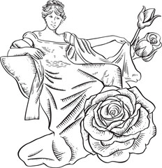 Vintage Engraved Goddess and Rose &mdash; Classical Line Art Illustration