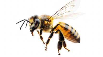 A close-up view of a honeybee in mid-flight. intricate details of its body. wings. and antennae against a plain white background. highlighting its role in pollination and biodiversity