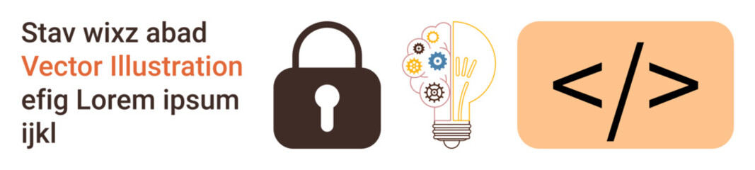 Cybersecurity, programming, technology innovation, online protection, creative ideas, encryption. Lock symbol, lightbulb with gears coding icon. Cybersecurity and programming concept
