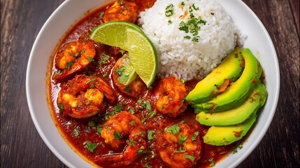 Mexican camarones la diabla deviled shrimp in spicy red sauce served with lime wedges avocado slices and white rice