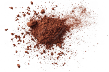 A close-up view of a scattered pile of rich. dark cocoa powder on a clean. white background. ideal for culinary uses. baking. or food styling in recipe presentations