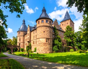 A majestic medieval fortress with imposing towers, dark conical roofs, and a stone facade, surrounded by lush greenery under a clear blue sky