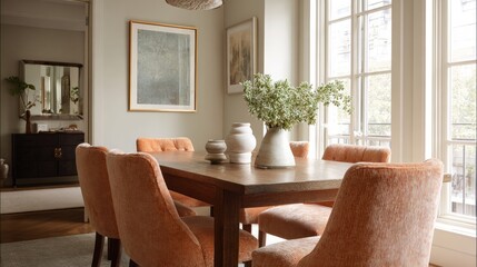 Dining room with a large wooden table in the center. the table is surrounded by six orange upholstered chairs with a curved backrest. on the table, there are two white vases with green plants in them.