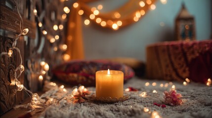 Decorative room with warm candlelight and soft string lights creates a cozy atmosphere for relaxation and enjoyment in the evening