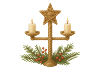 Vintage rope wrapped candle holder with glowing candles star topper and festive pine branches with red berries isolated on white background