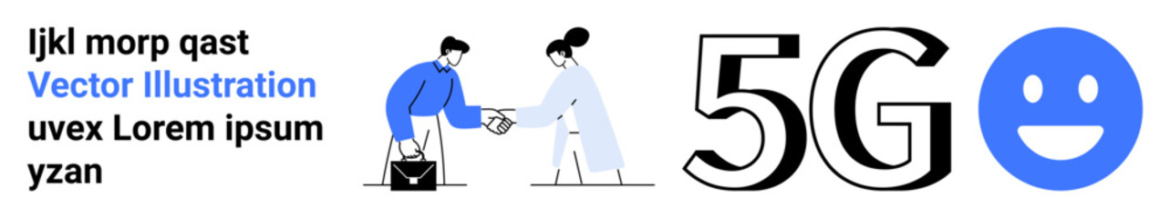 Business communication, 5G technology, connectivity, networking, digital interaction, agreements. Two people shaking hands near a large 5G text and a happy face. Business communication and 5G