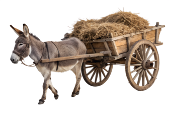 Detailed Photo of Donkey Pulling a Wooden Cart Filled with Hay
