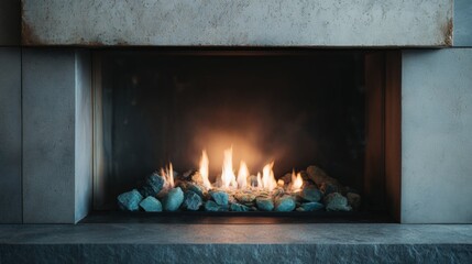 Close-up of a fireplace with a fire burning inside. the fireplace is made of concrete and has a rectangular shape with a flat base. the fire is burning brightly with orange and yellow flames.