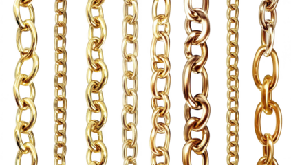 A collection of shiny gold chains of various designs and sizes displayed vertically against a clean white background. ideal for jewelry showcases. fashion catalogs. or online marketplaces