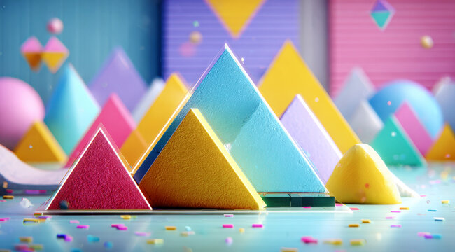 Colorful geometric pyramids with various shapes and bright colors