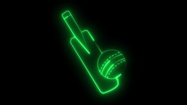 Glowing neon cricket bat and ball icon with animated on black background.
